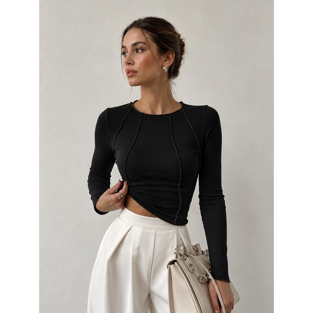 COMMENSE Basic Piping Ribbed Long Sleeve Top Black XL US 12 NWT
